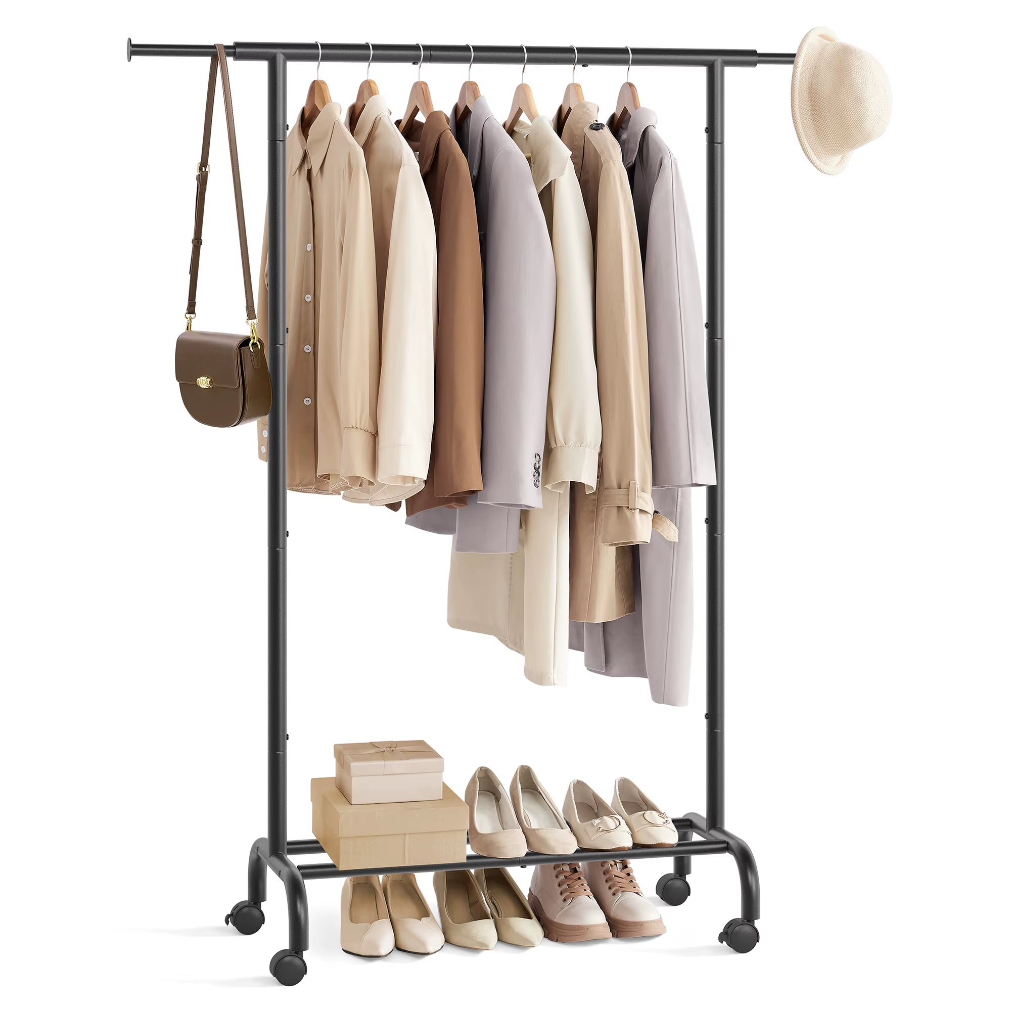 Clothes Rack, Clothing Rack for Hanging Clothes with Wheels, Garment Rack with Extendable Hanging Rail