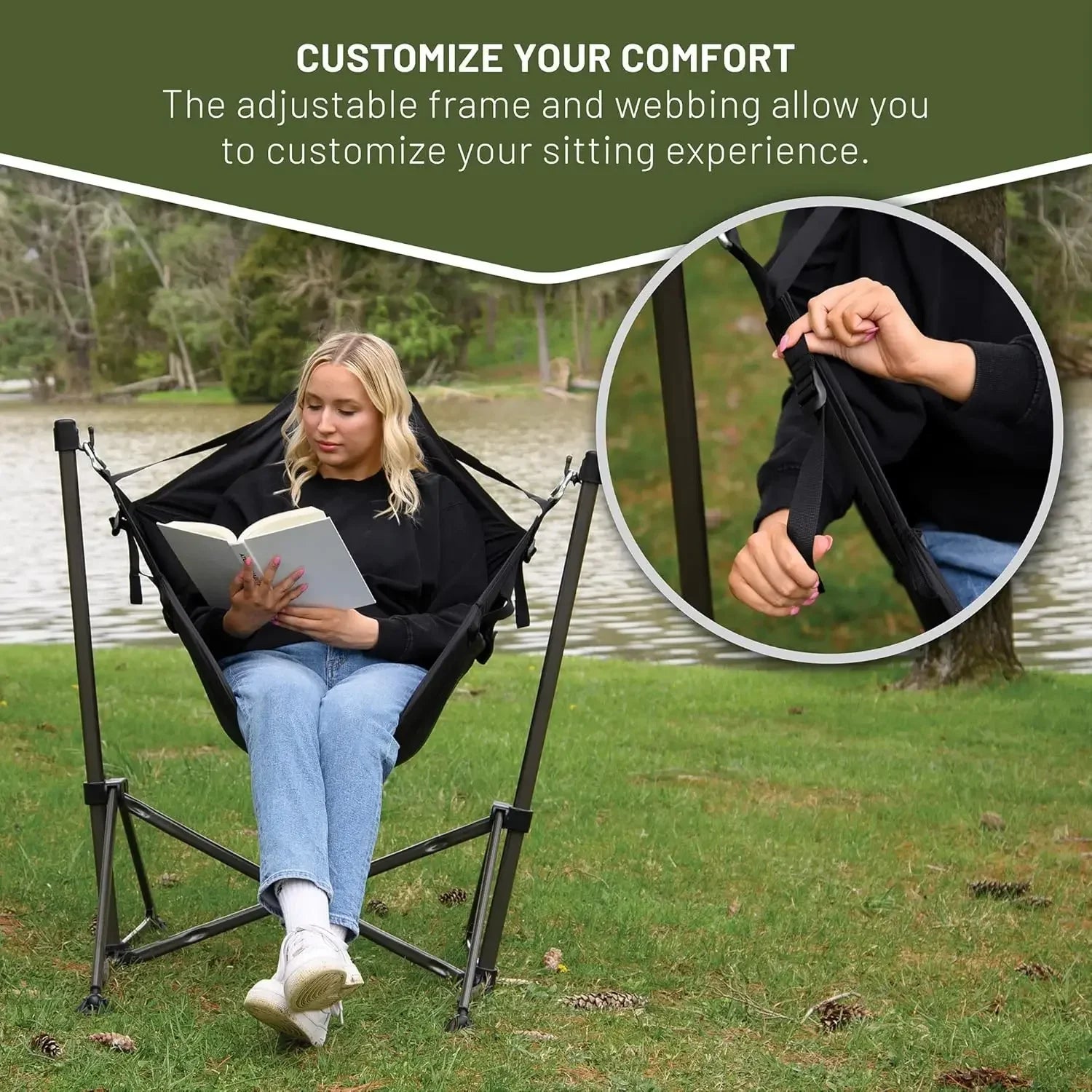 Portable Hammock Camping Chair, Padded Folding Swing Hammock Chair with Stand, Heavy Duty Hammock Camp with Carry