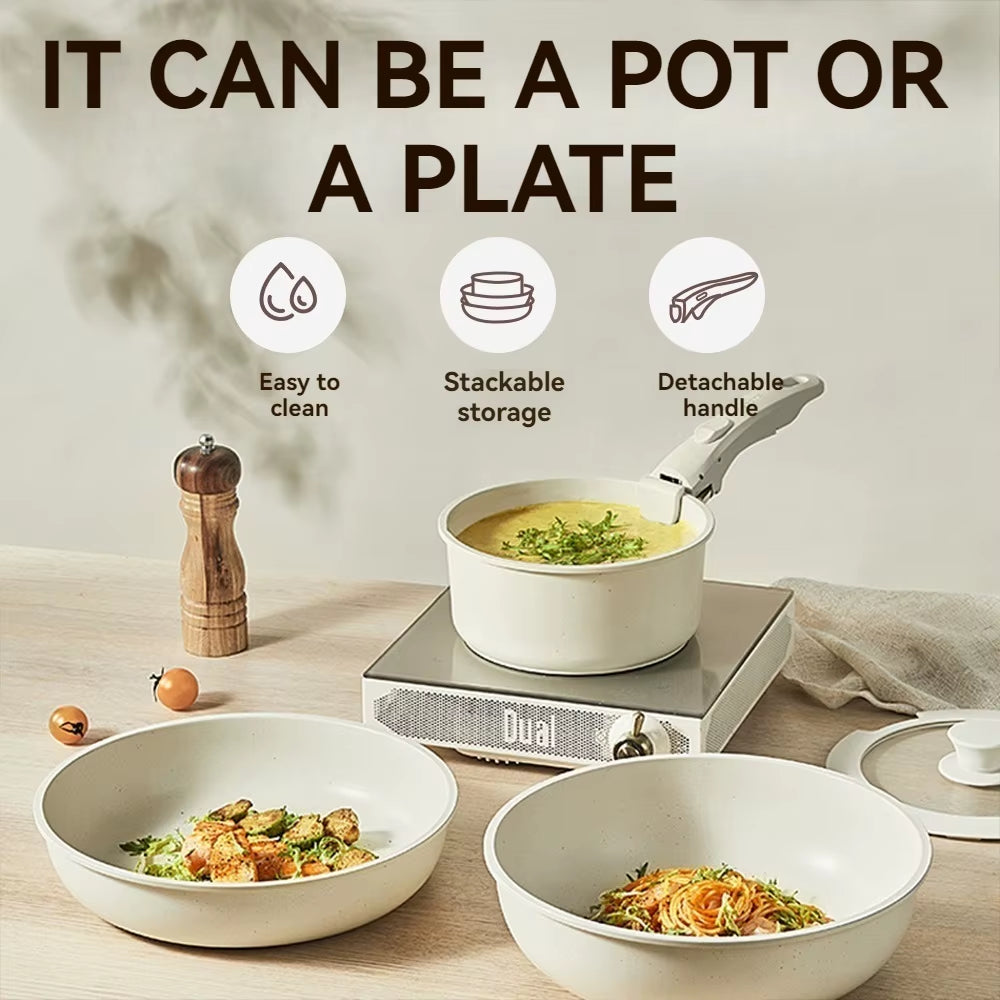 Nonstick Cookware Set, Pots and Pans Set Non Stick Detachable Handle, Stackable Non-Stick Set with Removable Handle