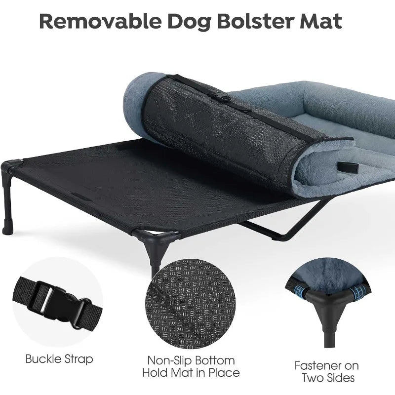 Cooling Elevated Dog Bed + Removable Fluffy Plush Pillow Cushion, Raised Dog Bed with Washable Bolster Mat, Breathable