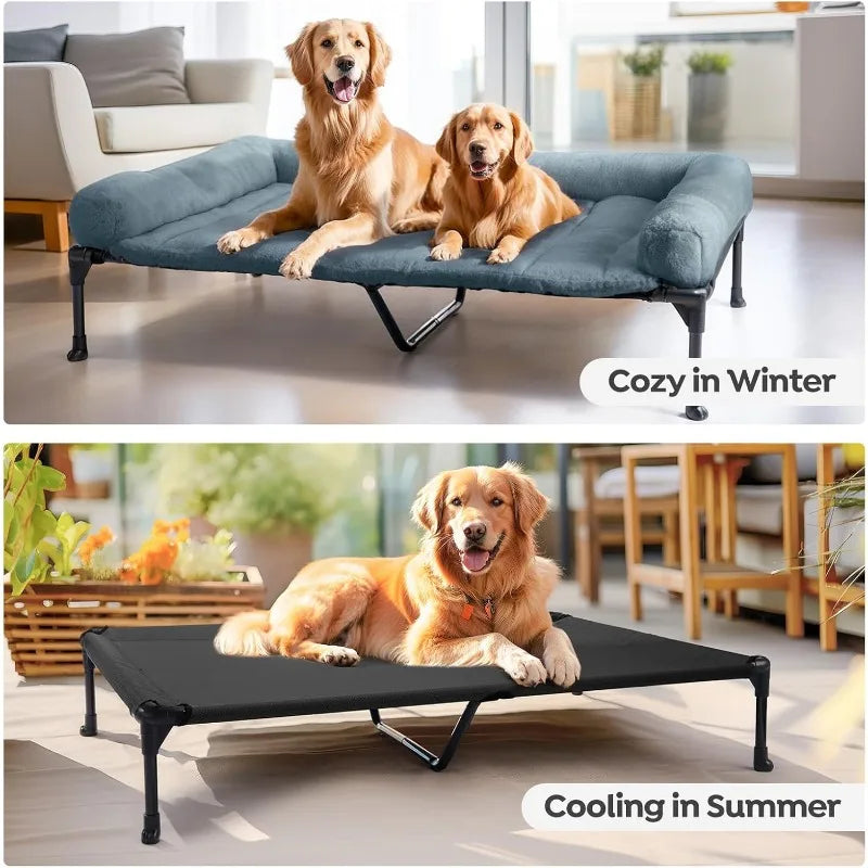 Cooling Elevated Dog Bed + Removable Fluffy Plush Pillow Cushion, Raised Dog Bed with Washable Bolster Mat, Breathable