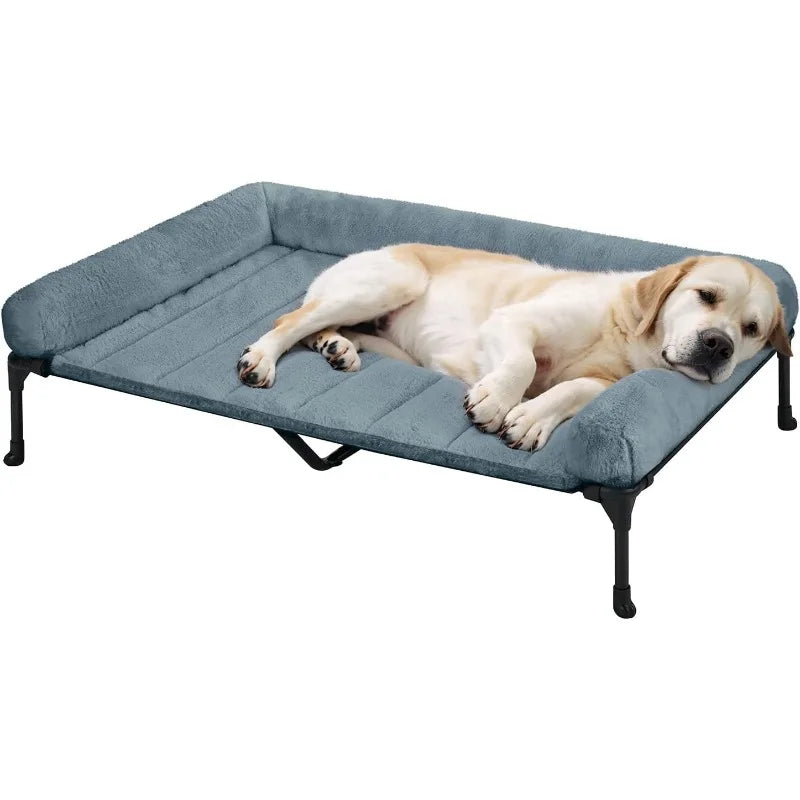 Cooling Elevated Dog Bed + Removable Fluffy Plush Pillow Cushion, Raised Dog Bed with Washable Bolster Mat, Breathable