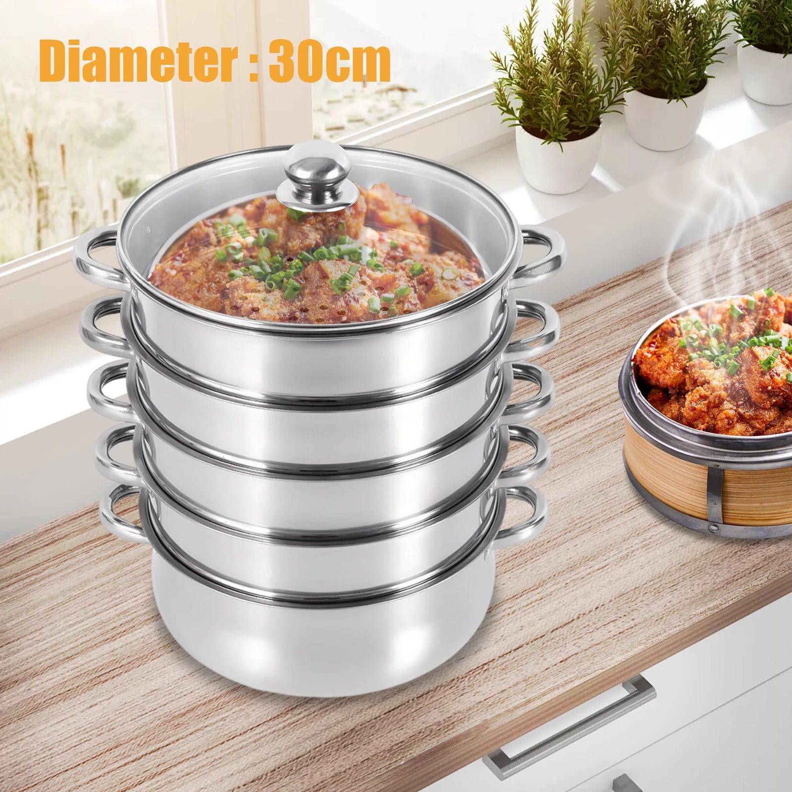 30Cm 5 Floors Steam Cooker Pot Kitchen Steamer Cooker Stainless Steel Steamer with Glass Lid