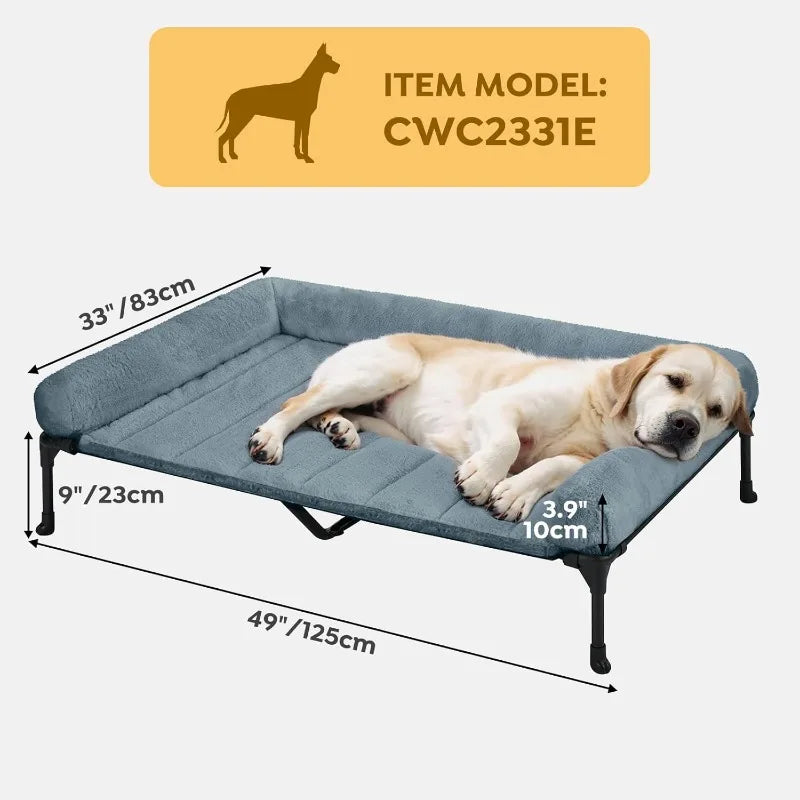 Cooling Elevated Dog Bed + Removable Fluffy Plush Pillow Cushion, Raised Dog Bed with Washable Bolster Mat, Breathable