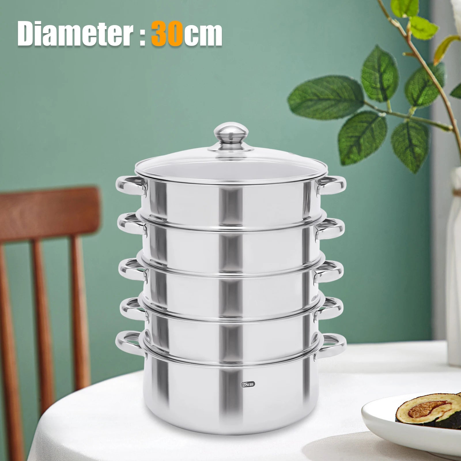 30Cm 5 Floors Steam Cooker Pot Kitchen Steamer Cooker Stainless Steel Steamer with Glass Lid