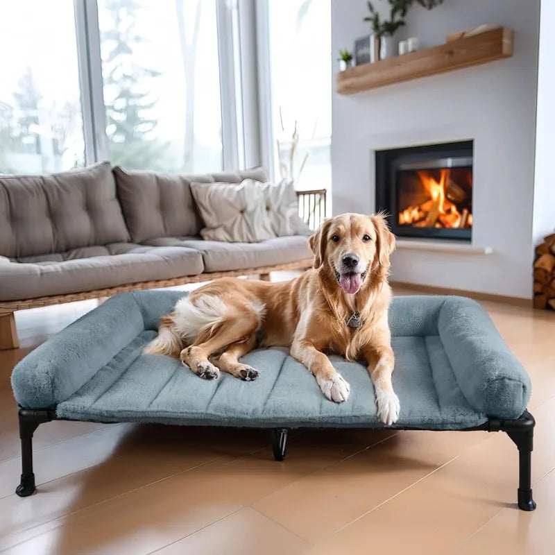 Cooling Elevated Dog Bed + Removable Fluffy Plush Pillow Cushion, Raised Dog Bed with Washable Bolster Mat, Breathable
