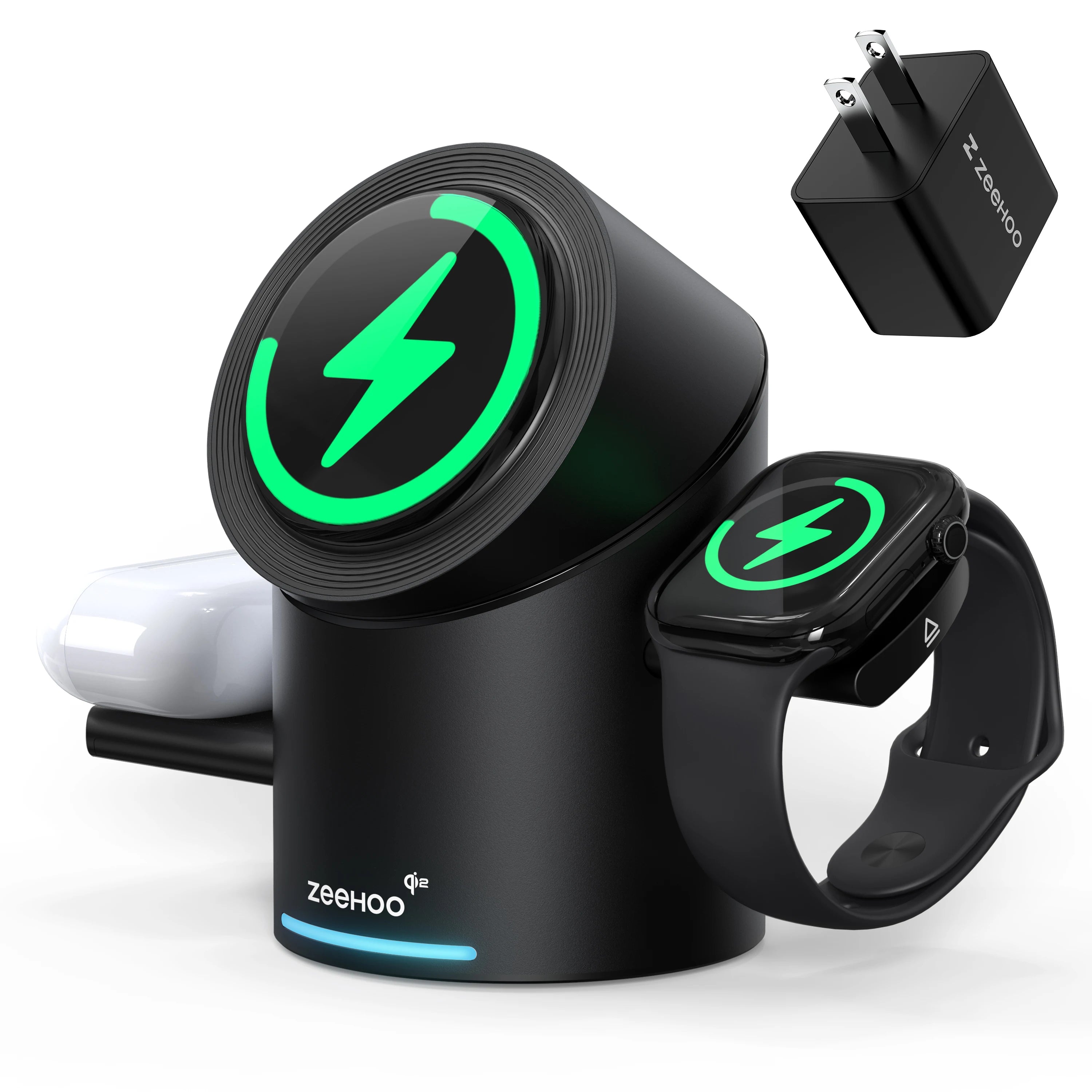 ZEEHOO Cylintrick-R 3-in-1 wireless charging station charging iPhone, Apple Watch, and AirPods on a sleek black desk.