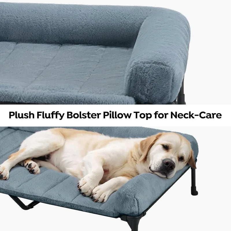 Cooling Elevated Dog Bed + Removable Fluffy Plush Pillow Cushion, Raised Dog Bed with Washable Bolster Mat, Breathable