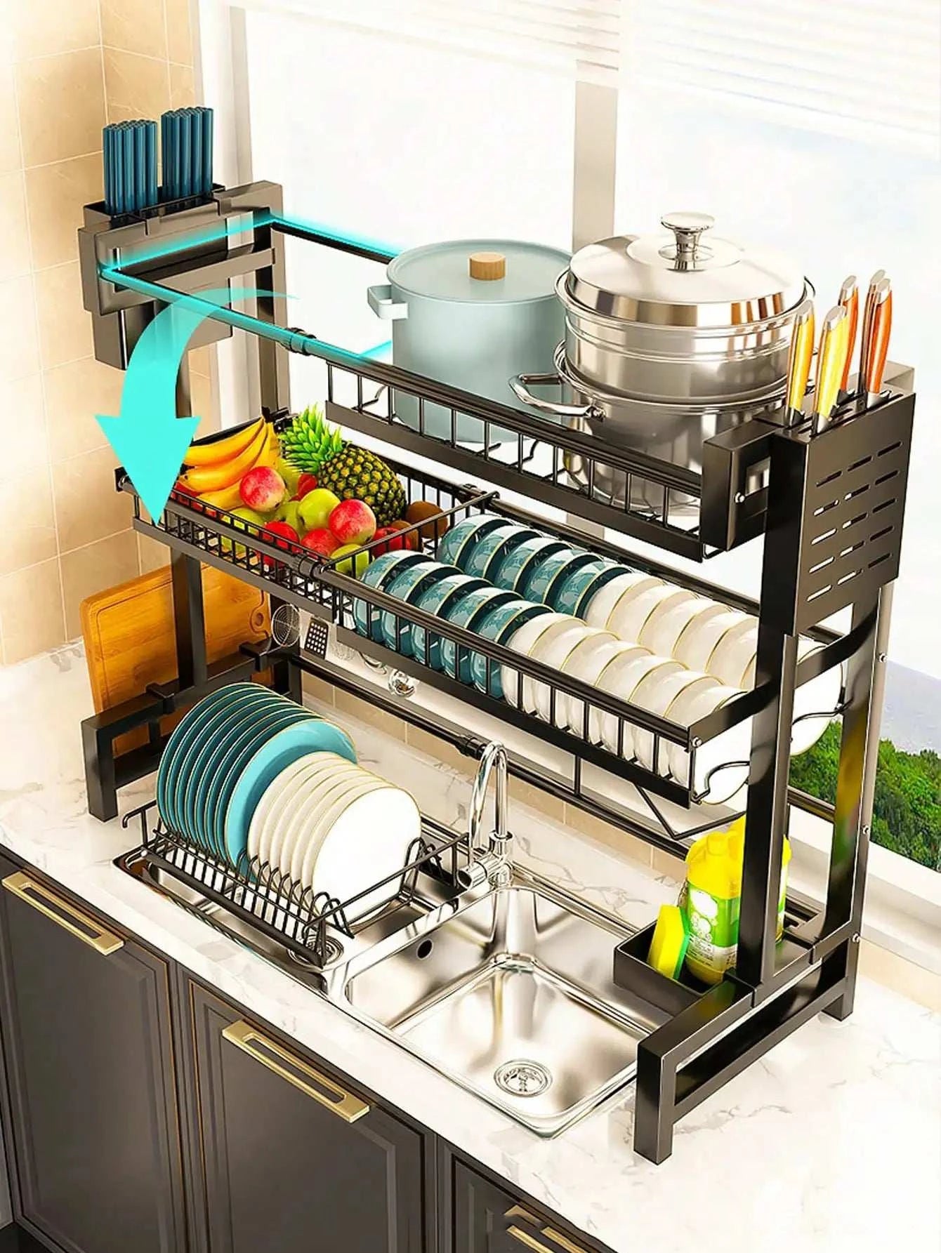 Expandable 2-Tier Stainless Steel Dish Rack