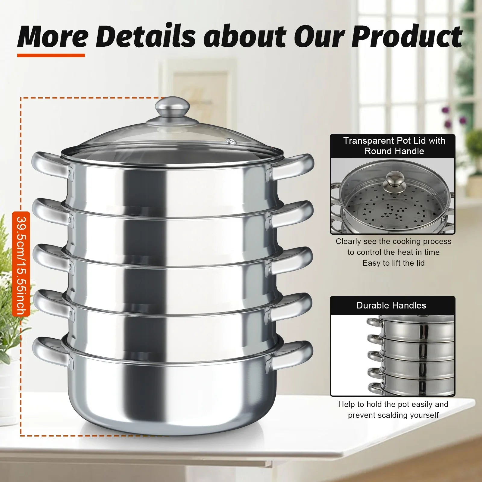 30Cm 5 Floors Steam Cooker Pot Kitchen Steamer Cooker Stainless Steel Steamer with Glass Lid