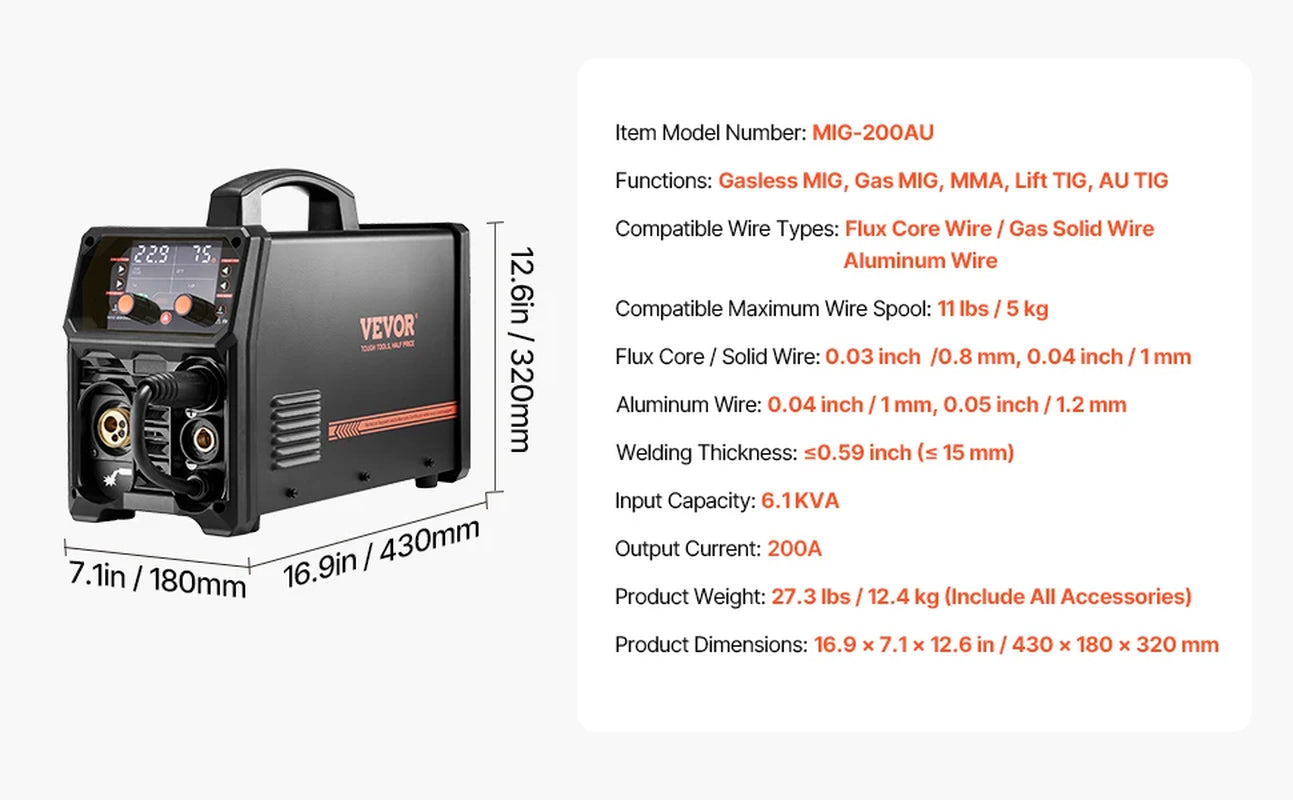 VEVOR 5-In-1 MIG Welder 200Amp Pluse Mig Welding Machine Gas Mig/Flux Core Mig/Stick/Lift TIG/AU TIG with LCD Screen Display