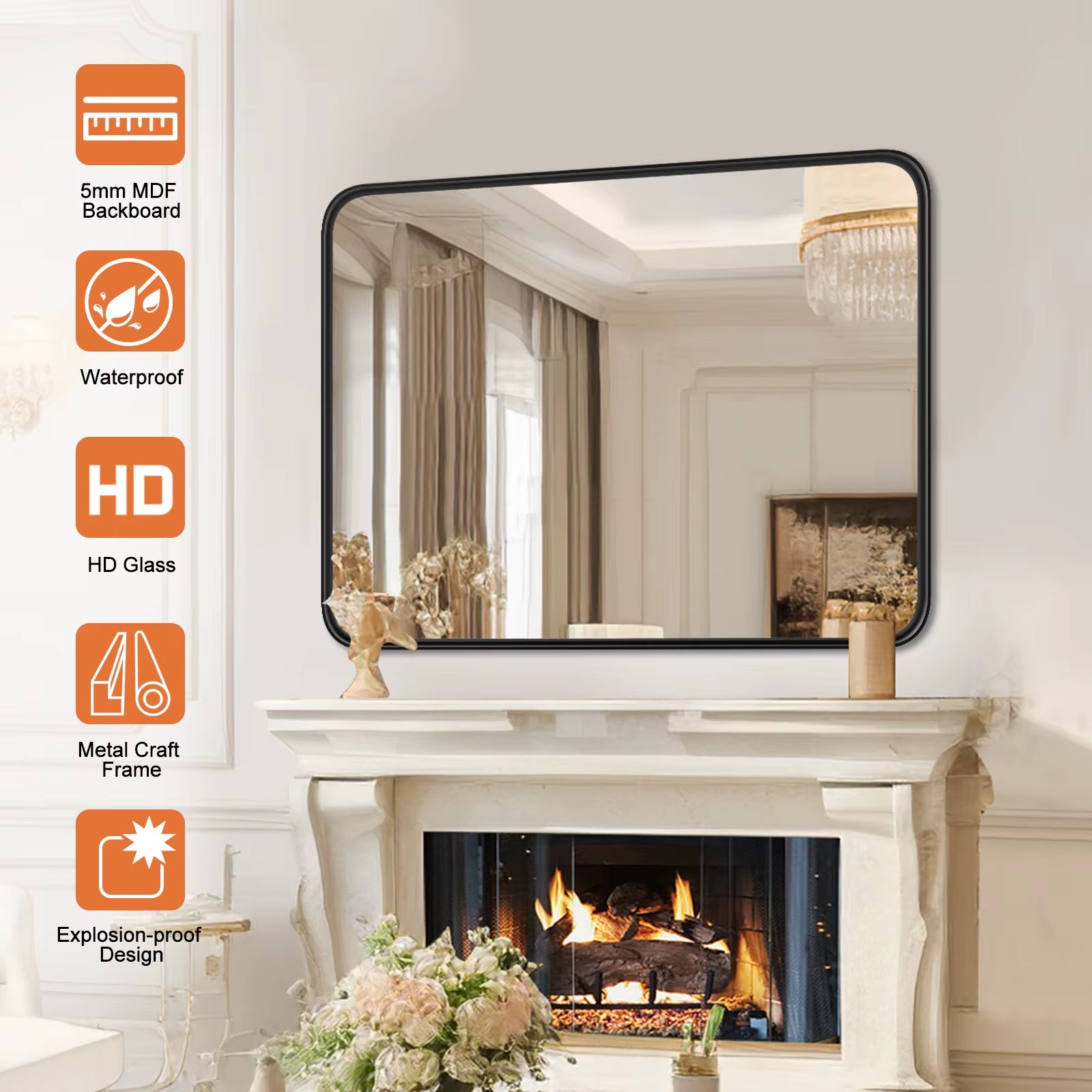 Large Rectangle Vanity Framed Mirror for Wall Matte Metal Framed 30X40 Inch Modern Mirror Tempered Glass for Living Room