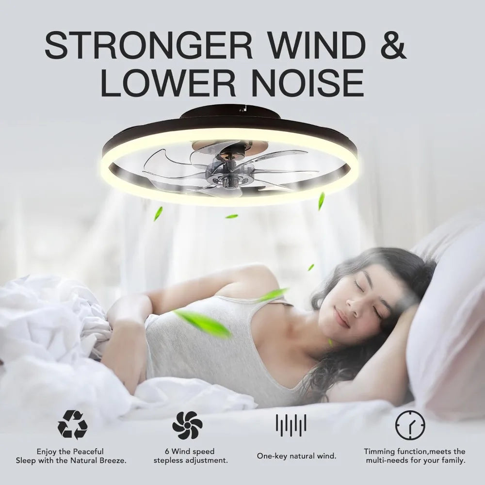 Black flush mount bladeless ceiling fan with light for bedroom