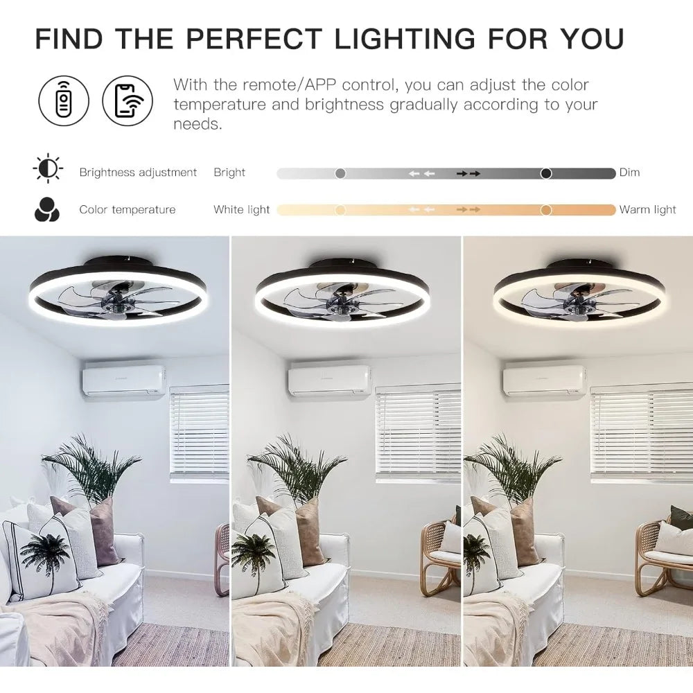 20'' Modern Low Profile Ceiling Fan with Light, with Remote Control, Bladeless Flush Mount for Living Room,Small Room
