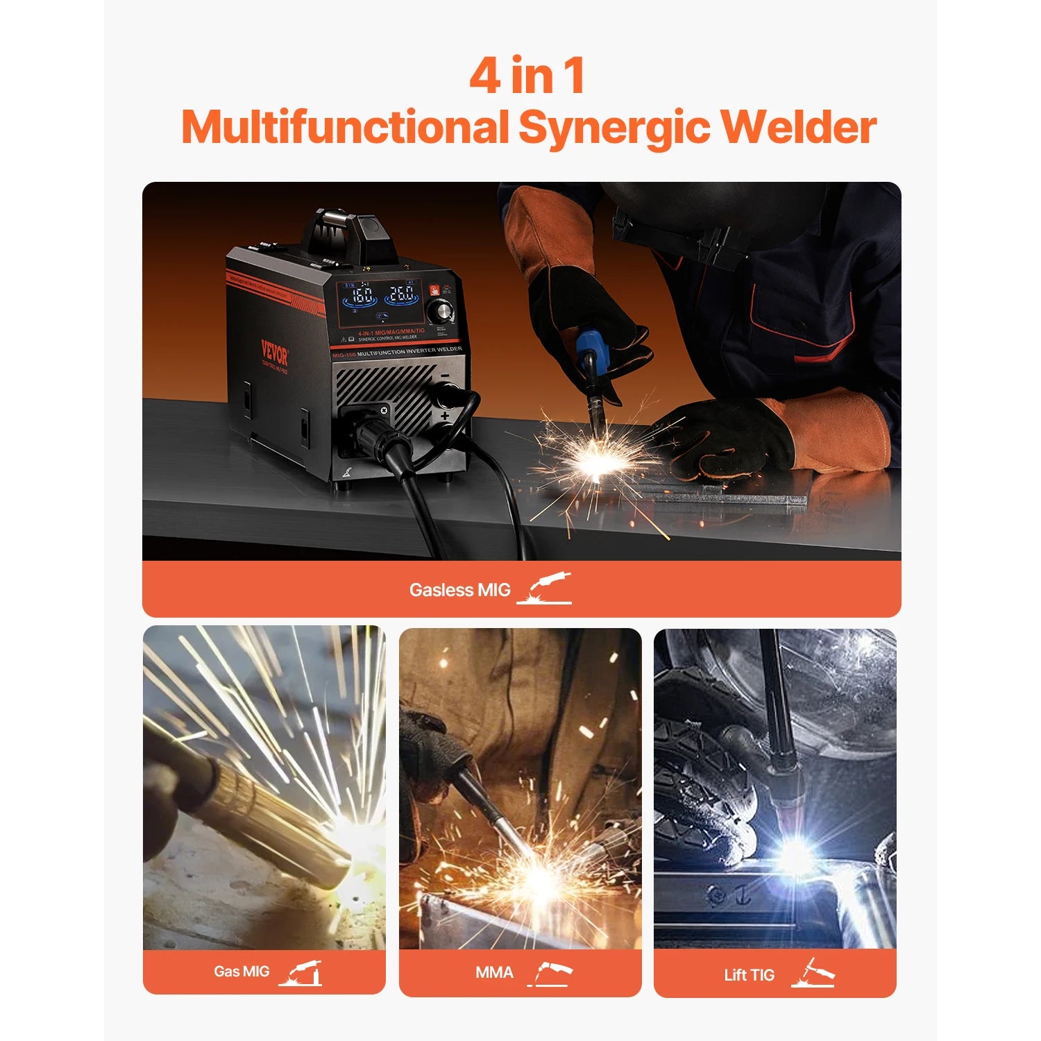 160A 4-in-1 MIG welder with LCD screen and versatile welding modes