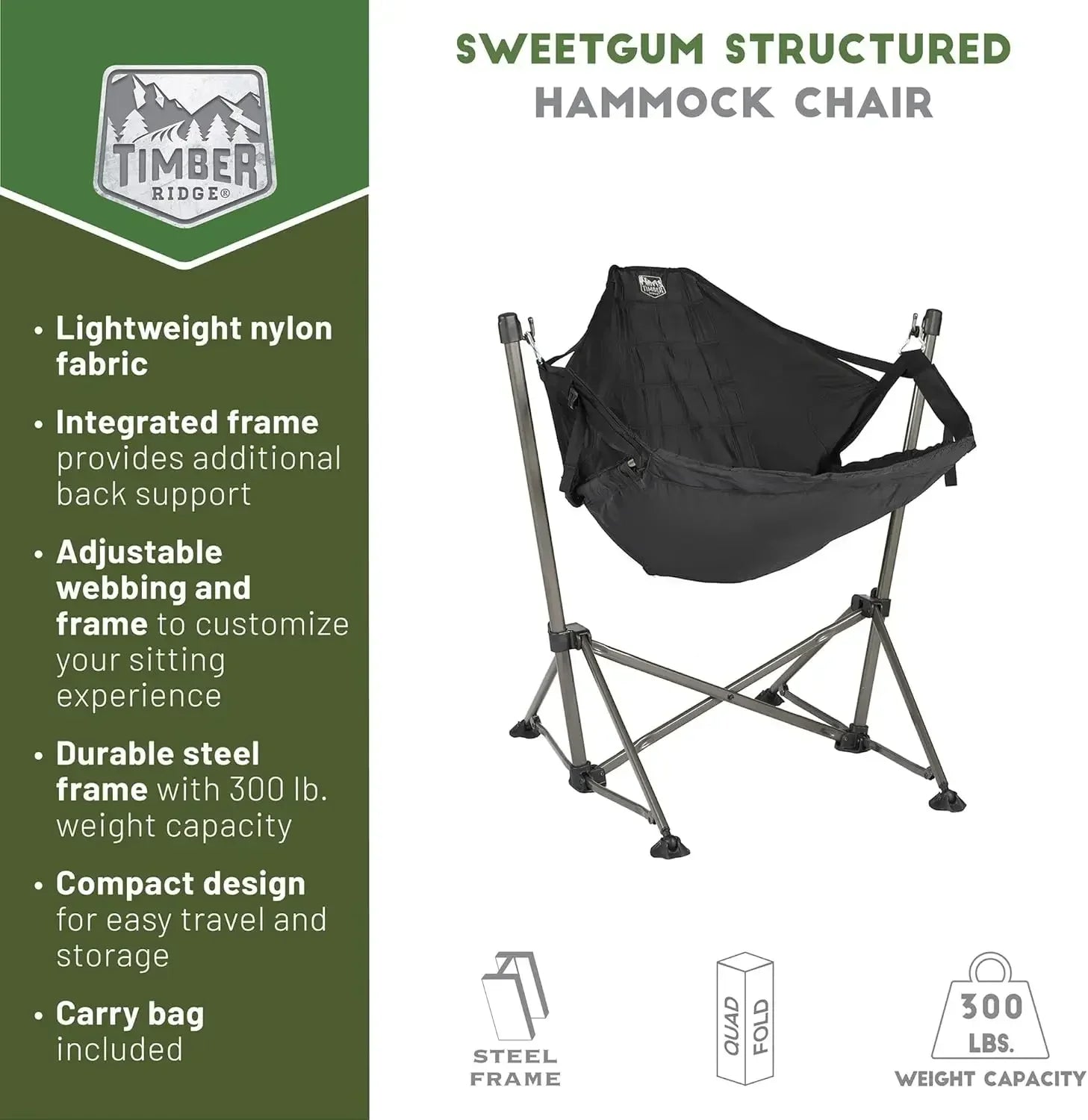 Portable Hammock Camping Chair, Padded Folding Swing Hammock Chair with Stand, Heavy Duty Hammock Camp with Carry